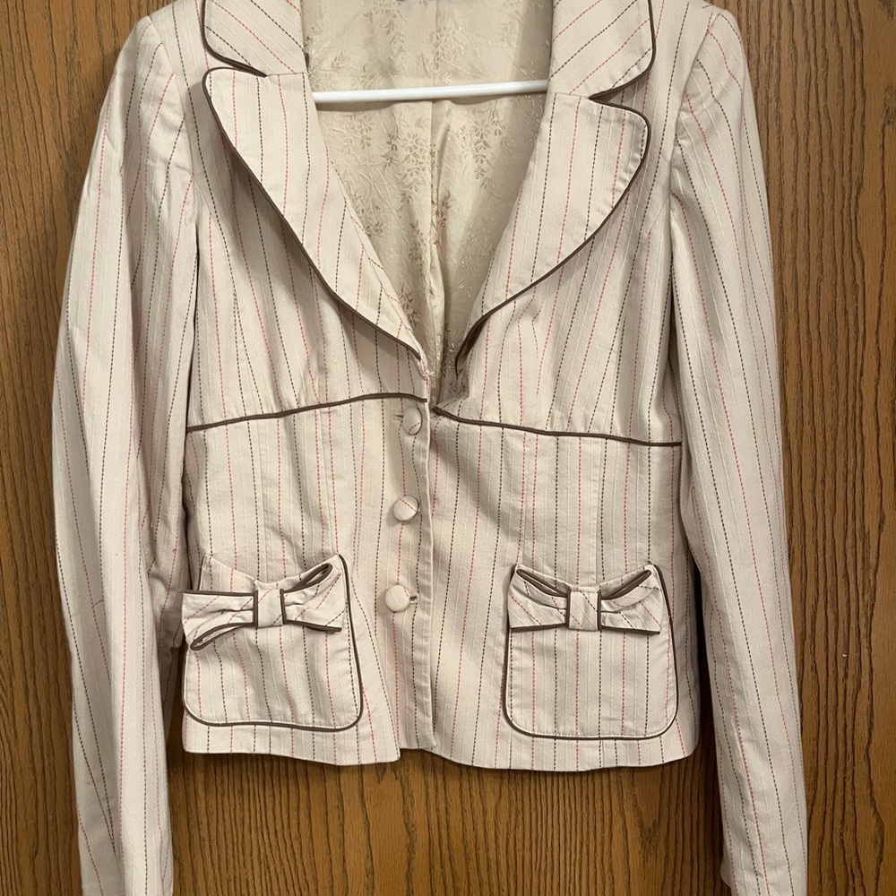 Khaki blazer with pinstripes and bow detail